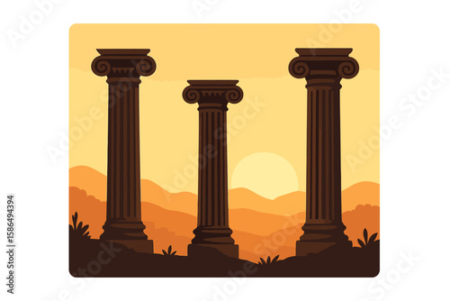 Ancient Greek Ionic Columns Ruins at Sunset, Classical Architecture, Historical Landmark, Vector Illustration, Engraving Style, Silhouette, Mountain Landscape, Warm Colors, Transparent Background