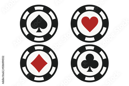 Set of poker chips with card suits symbols. Casino gambling chips with hearts, spades, clubs, and diamonds. Vector illustration for gaming, betting, and jackpot concepts.