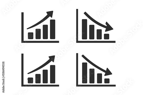 Business Analytics Icon Set, Growth and Decline Financial Bar Charts with Arrows, Rising and Falling Graphs, Economic Success and Failure Trend Infographics, Finance Data Vector Illustration