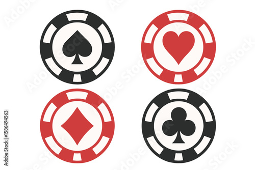 Casino poker chips icon set. Vector illustration of gambling tokens with card suits. Heart, spade, diamond, club symbols. Gaming, bet, risk, luck, vegas concept. Isolated.