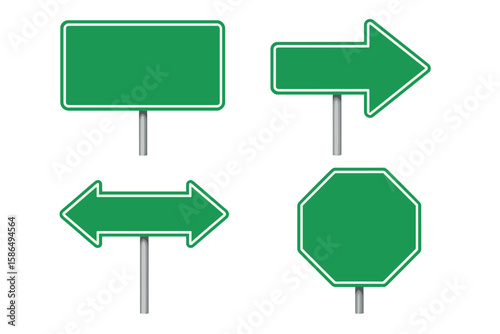 Realistic Green Road Signs Vector Set with Blank Directional Arrows, Rectangle, and Octagon Shapes on Transparent Background for Traffic, Navigation, and Highway Design Concepts