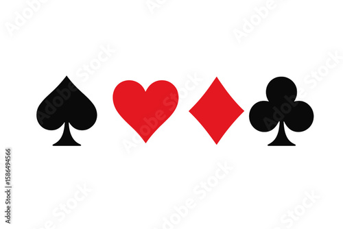 Card suit icon set. Playing cards symbols for poker, casino, or gambling games. Hearts, diamonds, clubs, and spades signs. Vector illustration graphic design elements.