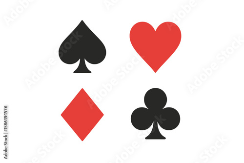 Set of playing card suit icons. Vector symbols for hearts, spades, diamonds, and clubs. Classic design elements for poker, casino games, gambling, and betting concepts.