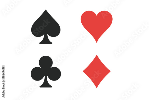 Complete set of playing card suits icons. Includes hearts, diamonds, clubs, and spades symbols. Flat vector design elements for casino, poker, or gambling-themed projects.