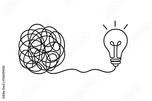Simplifying the complex. Chaos and confusion unravel into a clear idea. Continuous line path to solution lightbulb. Business innovation and problem-solving concept.