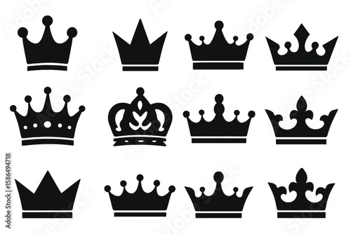 Crown icon set. Royal king and queen crowns silhouette collection. Luxury majestic symbol for logo design. Premium quality, monarchy, and power concept vector illustration.