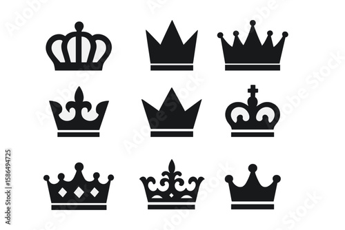 Crown icon set. Royal crowns silhouette collection. Simple black vector illustration for logo design. King, queen, princess symbols. Luxury, power, and monarchy concepts.