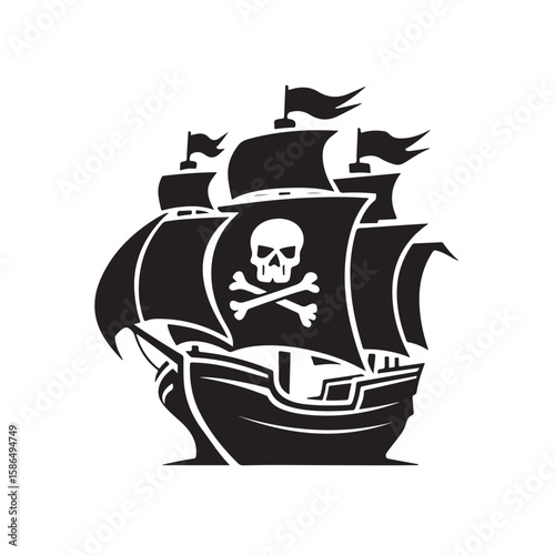 Black Pirate Ship Silhouette with Skull and Crossbones on Sail – Vector Illustration for Logo, Tattoo, Nautical Decor, Pirate Theme Design, or Graphic Art Use