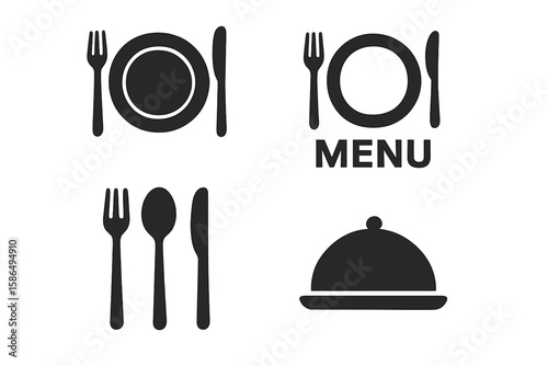 Food icons set with plate, fork, knife, and spoon. Restaurant menu logotype with cutlery and tableware sign. Catering symbol and kitchen cloche vector illustration.