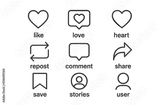 Social Media Like, Love, Heart, Repost, Comment, Share, Save, Stories, User Icon Set—Modern Instagram Notification Vector Icons Transparent PNG