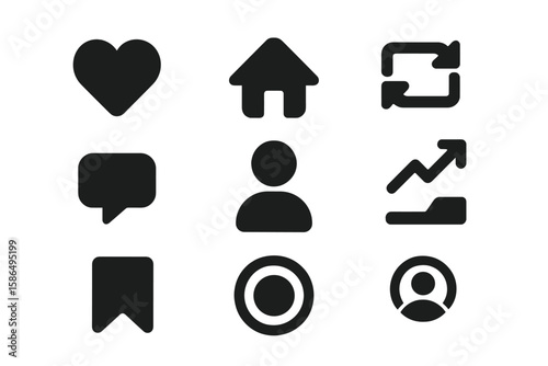 Heart Like Love Home Repost Comment Follower Share Save User Story Button Icon Set. Social Media Notification UI Vector. Modern Black Symbol Collection for Web and App Isolated Transparent