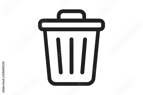 Minimalist Trash Can Icon. Black Outline Garbage Bin Symbol. Simple Waste Basket Line Art. Rubbish Bin Sign for Recycling, Office Cleanup, Deletion Action. Vector Isolated on Transparent Background.