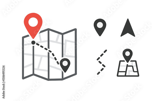 GPS Navigation and Location Icon Set. Vector Map, Route, Path, Destination Pin, Direction, Waypoint, Travel Location, Road Map Symbols, Navigation Arrow, Map Marker, Itinerary Planner Illustration.