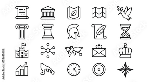 Black and white line art icons for history and concepts