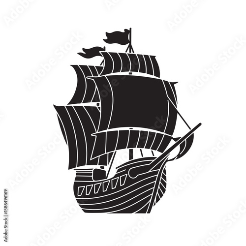 Black Pirate Ship Silhouette with Skull and Crossbones on Sail – Vector Illustration for Logo, Tattoo, Nautical Decor, Pirate Theme Design, or Graphic Art Use