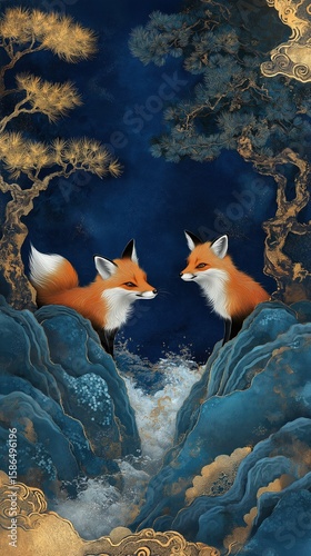 A Beautifully Illustrated Scene Featuring Two Playful Foxes Amidst Lush Trees and Flowing Water in a Mystical Landscape