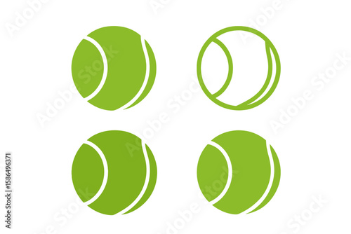 Tennis Ball Icons Set, Green Sports Ball Silhouettes Collection, Modern Tennis Equipment Symbols, Minimalist Flat Vector Design Isolated on Transparent Background, Icon Pack for Web and Print