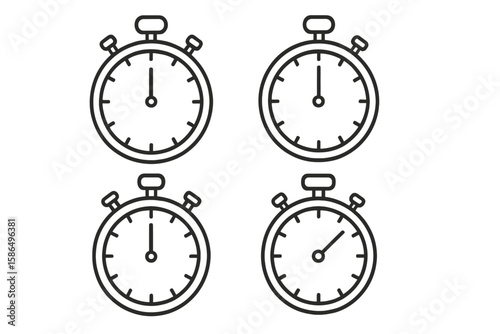 Vector Stopwatch Timer Set. Outline Sports Chronometers with Second Hands Illustrating Different Times. Precision Measurement Icons Collection. Minimalist Line Style Isolated on Transparent Background