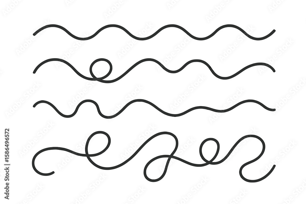 Curved Wavy Squiggly Lines, Decorative Abstract Loopy Waves, Hand Drawn Swirl Borders, Simple Black Curves, Seamless Vector Seamless Divider Elements Isolated on White Background Curved Wavy Squiggly Lines, Decorative Abstract Loopy Waves, Hand Drawn Swirl Borders, Simple Black Curves, Seamless Vector Seamless Divider Elements Isolated on White Background
