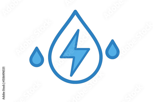 Hydroelectric Energy Icon, Electric Power Symbol Inside Water Drop, Blue Electrolyte Charge, Clean Renewable Water Energy, Vector Illustration, Sustainability Concept, Transparent Background