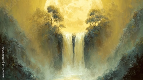 Lush, yellow waterfall cascade amidst lush vegetation under a brilliant, radiant moon