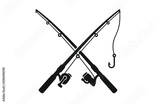Crossed Fishing Rods with Reel and Hook Silhouette. Monochrome Vector Illustration. Angling Equipment Icon. Fishing Gear Symbol. Transparent Background. Outdoor Sport Hobby Concept. Isolated Clipart.