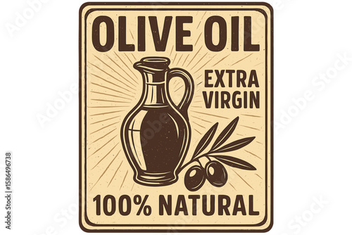 Vintage Olive Oil Label Design, Extra Virgin, 100% Natural, Retro Poster Style, Rustic Kitchen Decor, Olive Branch and Jug Illustration, Organic Food Packaging, Mediterranean Cuisine Concept