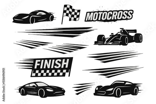 Dynamic Racing Cars Vector Set with Speed Stripes, Checkered Flag, Finish Line, Motocross Labels, Motorsport Elements, Fast Car Silhouettes, Racing Stripes, Transparent PNG