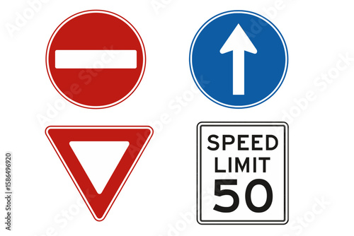 Realistic Vector Set of Road Traffic Signs Including No Entry, One Way, Yield, and Speed Limit 50 on Transparent Background for Urban and Highway Safety Design
