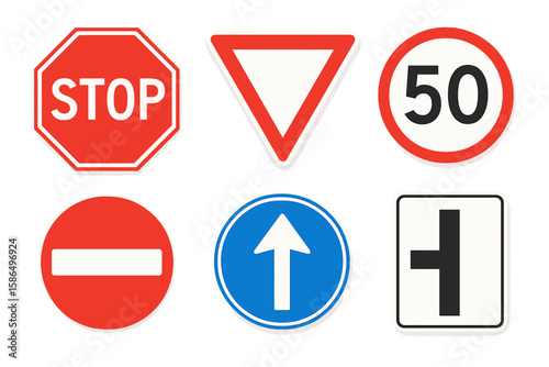 Set of Realistic Road Traffic Signs Vector Illustration, Stop, Yield, Speed Limit, No Entry, One Way, Intersection, Red and Blue Circular and Octagonal Signs, Isolated on Transparent Background