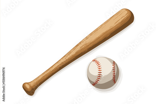 Realistic Wooden Baseball Bat and Ball Vector Illustration, Isolated Sports Equipment, Classic American Game, Detailed 3D Render, Transparent Background, Athletic Icon, Professional Design
