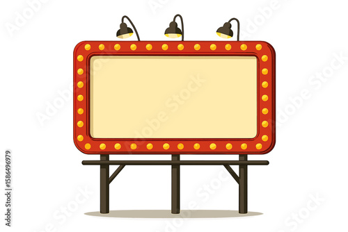 Retro illuminated billboard vector, vintage marquee sign with glowing light bulbs and spotlights, blank advertising board, classic theater or cinema signage, isolated on transparent background