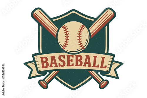 Vintage Baseball Emblem Badge with Crossed Bats, Classic Ball, and Banner, Retro Sports Logo Design, Athletic Team Insignia, Old School Baseball Club Symbol, Isolated Vector Illustration