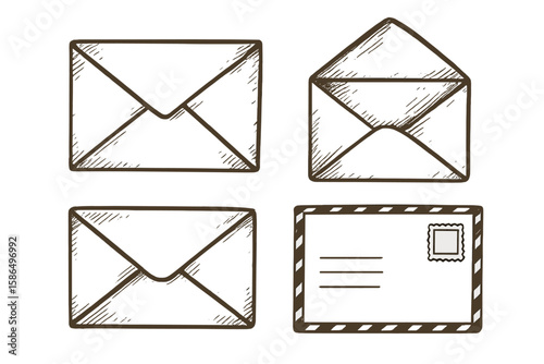 Hand Drawn Vintage Envelope Set, Retro Mail Letter Sketch Collection, Open and Closed Envelope Vector, Postage Stamp, Postal Stationery, Isolated on Transparent Background, Classic Communication Icons