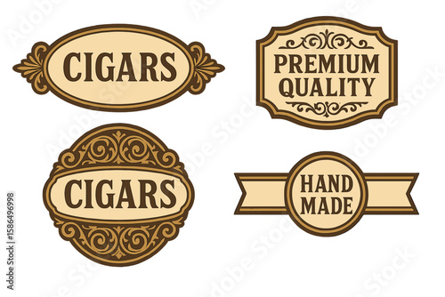 Vintage Cigar Label Vector Set, Retro Craft Badge Templates, Premium Quality Handmade Tobacco Emblem Collection, Ornate Decorative Frames, Classic Brown and Beige Design, Transparent Background