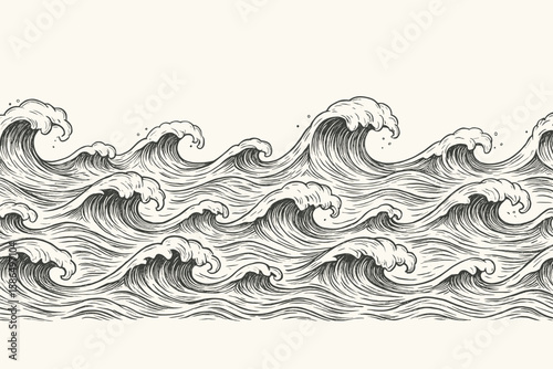 Seamless Ocean Waves Pattern. Hand Drawn Sea Surf Wave Vector Illustration. Vintage Marine Water Surface, Dynamic Swell, Nautical Horizontal Border, Engraved Style, Endless Repeat Background