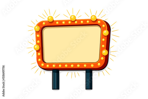 Retro Shining Billboard Vector Illustration with Glowing Lights, Blank Sign, Vintage Marquee Frame, Bright Bulbs, Isolated on Transparent Background, Advertising Banner, Classic Cinema Signboard