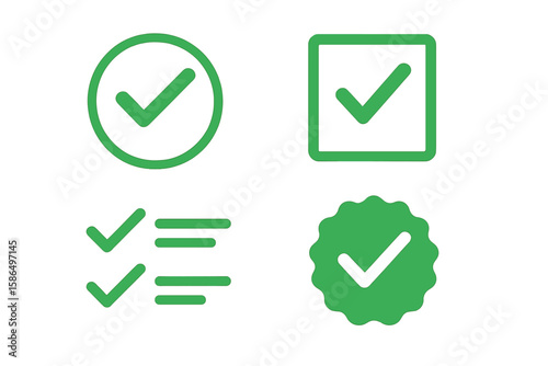 Green Check Mark Icons Set – Approval, Checklist, Verification, Flat Tick Symbols, Circle, Square, Badge, Isolated, Transparent Background, Stock Vector Illustration