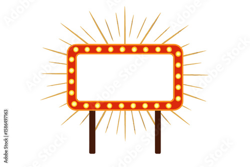 Retro Shining Billboard Vector Illustration with Glowing Lights, Blank Sign, Sunburst Rays, and Wooden Poles on Transparent Background for Advertisement, Event Promotion, or Theater Marquee