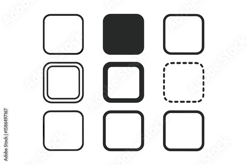 Rounded Square Frames and Borders Set. Minimalist Geometric Shapes Collection. Flat, Outline, Bold, Dashed, Double Line, and Filled Styles. Isolated Transparent PNG and Vector Illustration.