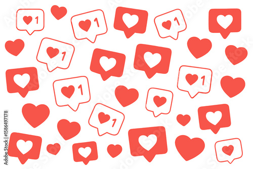 Seamless Social Media Like Notification and Heart Icon Pattern Background. Red Love Symbol Vector. Modern Digital Engagement, Follower, and Appreciation Concept. Transparent PNG for Web and App Design