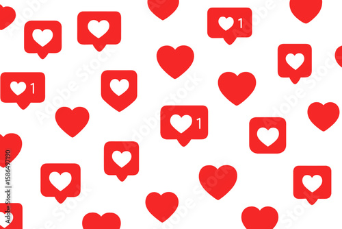 Seamless Social Media Like Notification and Heart Icon Pattern Background. Red Love Symbol Repeating Design. Modern Digital Engagement, Social Network, Online Interaction, Vector Illustration