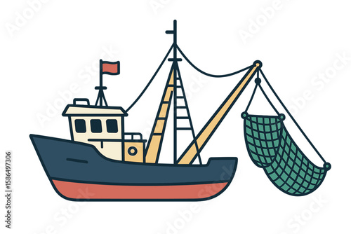 Commercial Fishing Trawler Vector Illustration with Fishing Net, Modern Trawling Vessel, Maritime Industry, Ocean Fishing Boat, Isolated on Transparent Background, Nautical Transport Concept