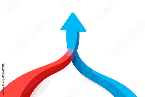Dynamic 3D Arrows Merging Together, Red and Blue Curved Paths Converging, Symbolizing Collaboration, Partnership, Integration, Unity, Business Growth, Success, Direction, Isolated on White Background