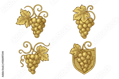 Vintage Golden Grapes Emblem Set – Four Ornate Vector Illustrations with Leaves, Swirls, and Shield, Elegant Winery and Vineyard Decorative Design Elements, Transparent Background