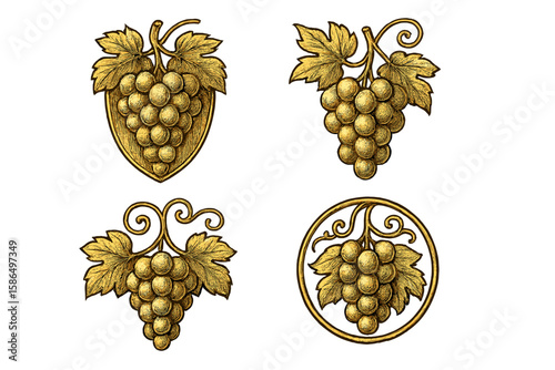 Vintage Golden Grapes Emblem Collection – Set of 4 Ornate Vector Illustrations with Leaves, Shields, and Circular Frames, Elegant Winery and Vineyard Decorative Design Elements