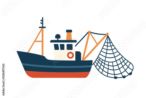 Commercial Fishing Trawler with Net, Modern Fishing Vessel, Industrial Seafood Harvesting, Ocean Maritime Transport, Flat Vector Illustration, Isolated on White Background