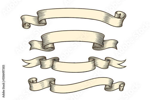 Vintage Scroll Banners Set. Hand Drawn Ribbon Banner Collection. Retro Blank Scrolls, Curved Ribbons, Antique Decorative Labels. Engraved Style Vector Illustration on Transparent Background