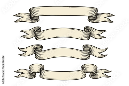 Vintage Scroll Banners Set. Hand Drawn Ribbon Banner Collection. Retro Engraved Scrolls. Blank Curved Ribbons for Text. Antique Decorative Elements. Classic Scroll Banner Design. Vector Illustration