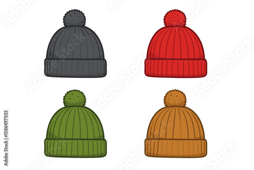 Set of Colorful Woolen Beanie Hats with Pom Pom, Knitted Winter Cap Collection, Cozy Warm Accessories, Isolated Vector Illustration, Fashion Headwear for Cold Weather, Transparent Background